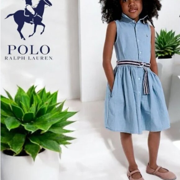 Polo Ralph Lauren Girls Chambray Denim Dress Pony Sleeveless Collar Cotton Siz 6 - Picture 1 of 14